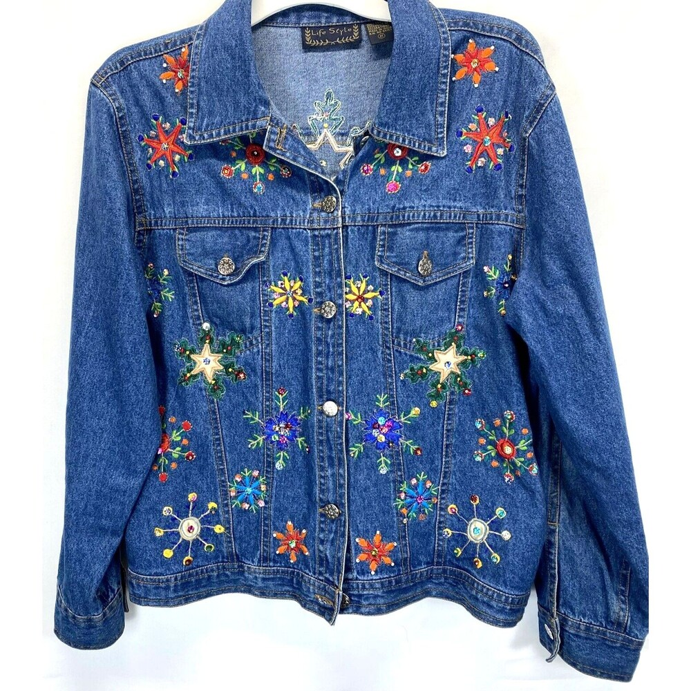 Life Style Women's M Embroidered Sequin Snowflake Truckers Original Denim Jacket